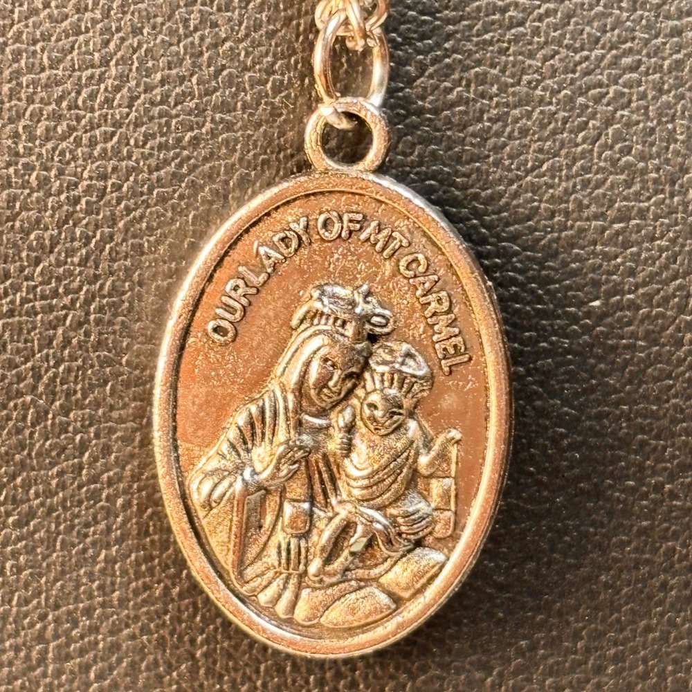 Vintage Our Lady of Mt Carmel Necklace Silverβ Religious Sacred Heart Medal Boho